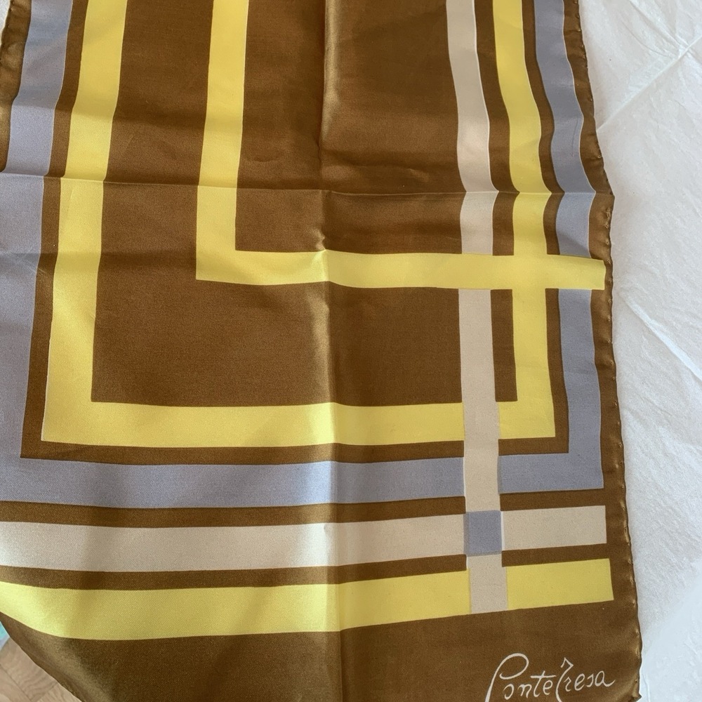 MCM Ponte Tresa 100% Silk Made In Italy Rectangle Scarf Brown, Yellow, Gray, Tan
